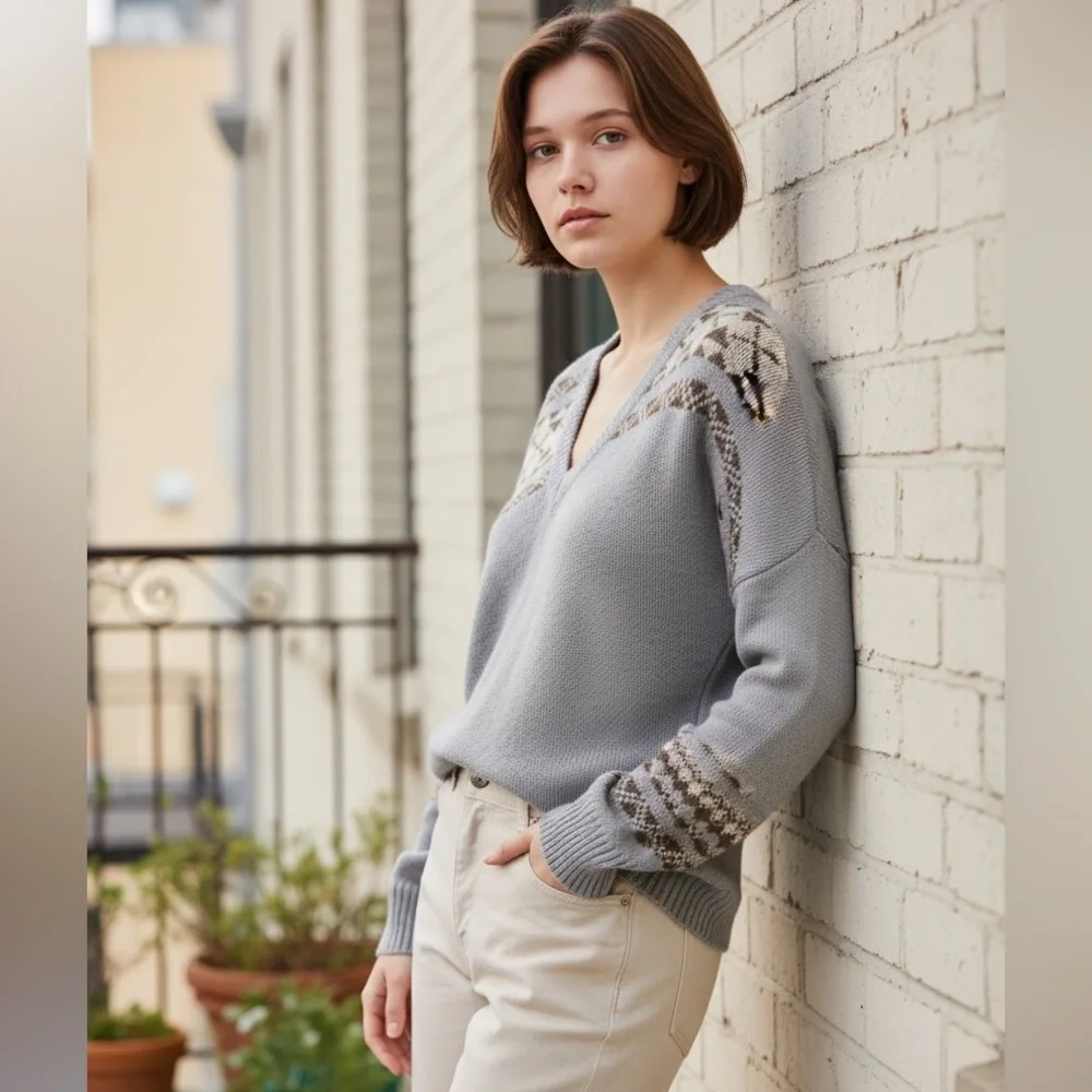 Skull Cashmere Lilian V-Neck Alpaca Wool Fair Isle Print Sweater Sz M - Picture 3 of 16